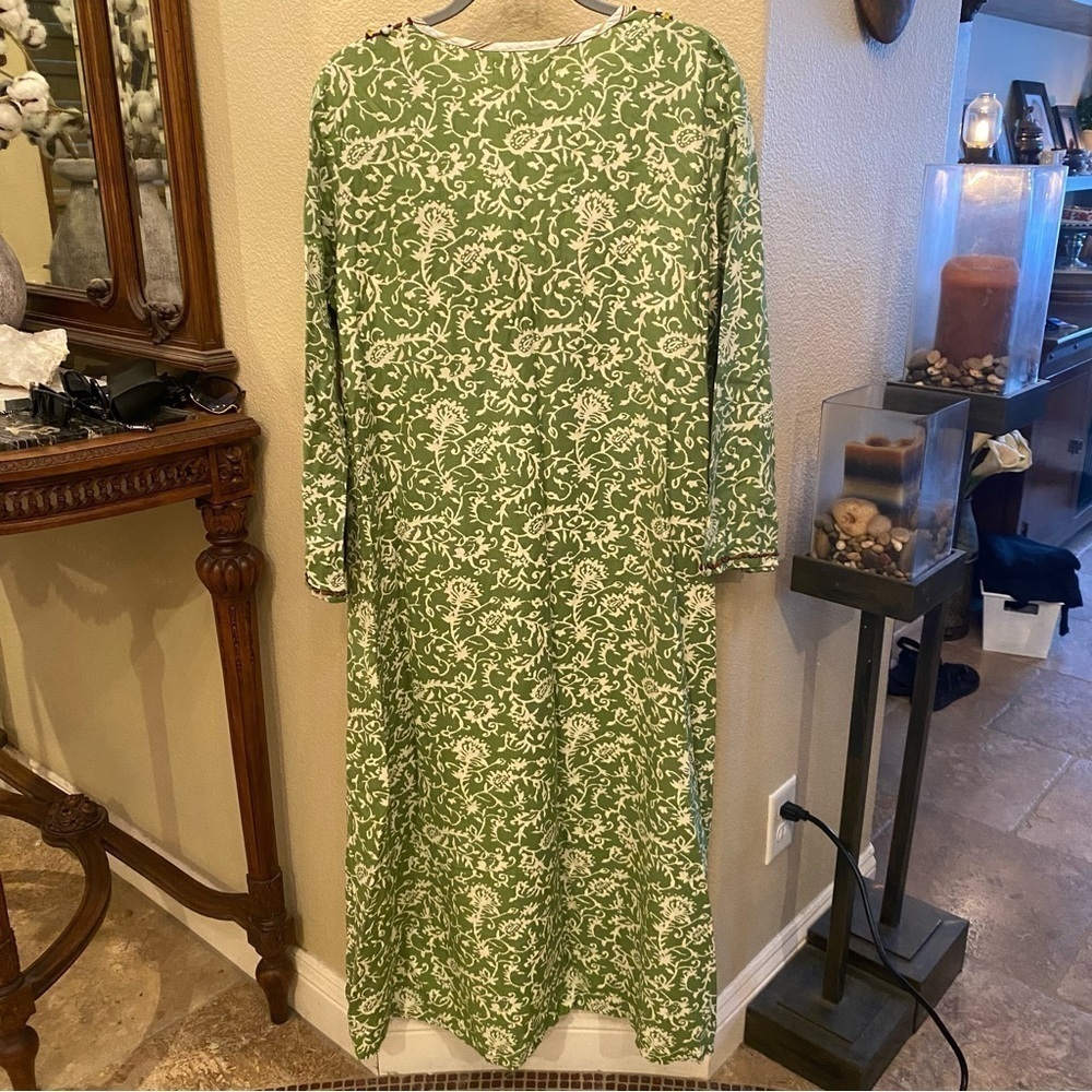 Vtg SOFT SURROUNDINGS Green White Jewel Beads Kaftan Maxi Dress Size Medium - Picture 5 of 8